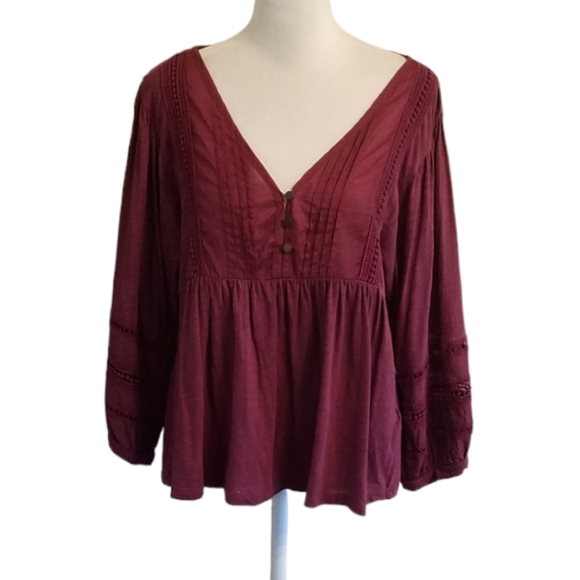 Anthropologie Tops - Anthropologie burgundy peplum top with pintuck and lace detail